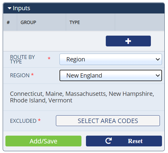 The Inputs section if "Region" is selected from the Route By Type field